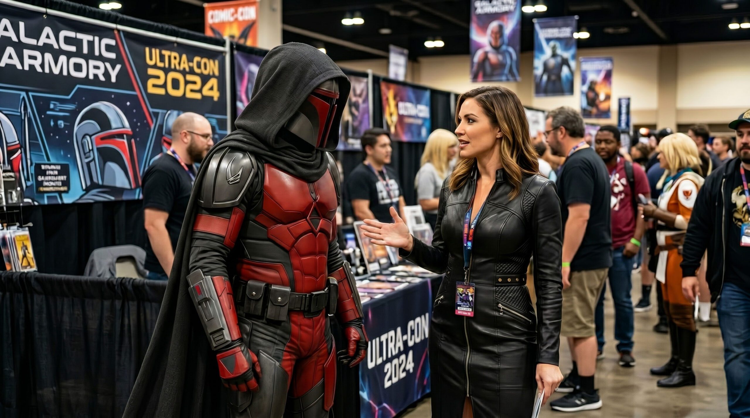 The Mancdalorian being interviewed at a comic convention